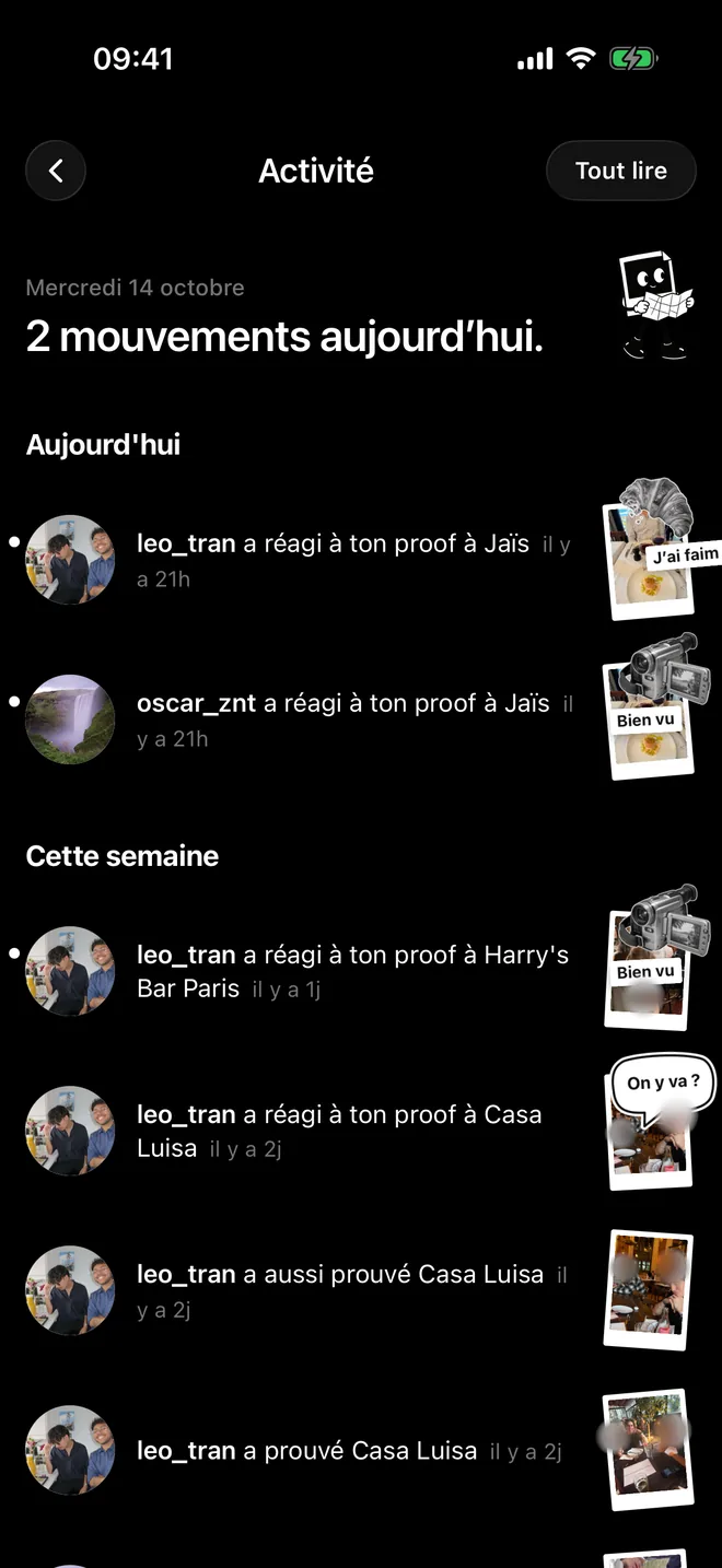 L'écran Activité de Proof, avec les réactions des amis à un proof