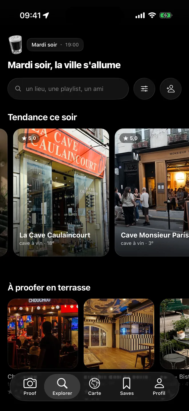L'écran Explorer de Proof, avec les lieux tendance du soir