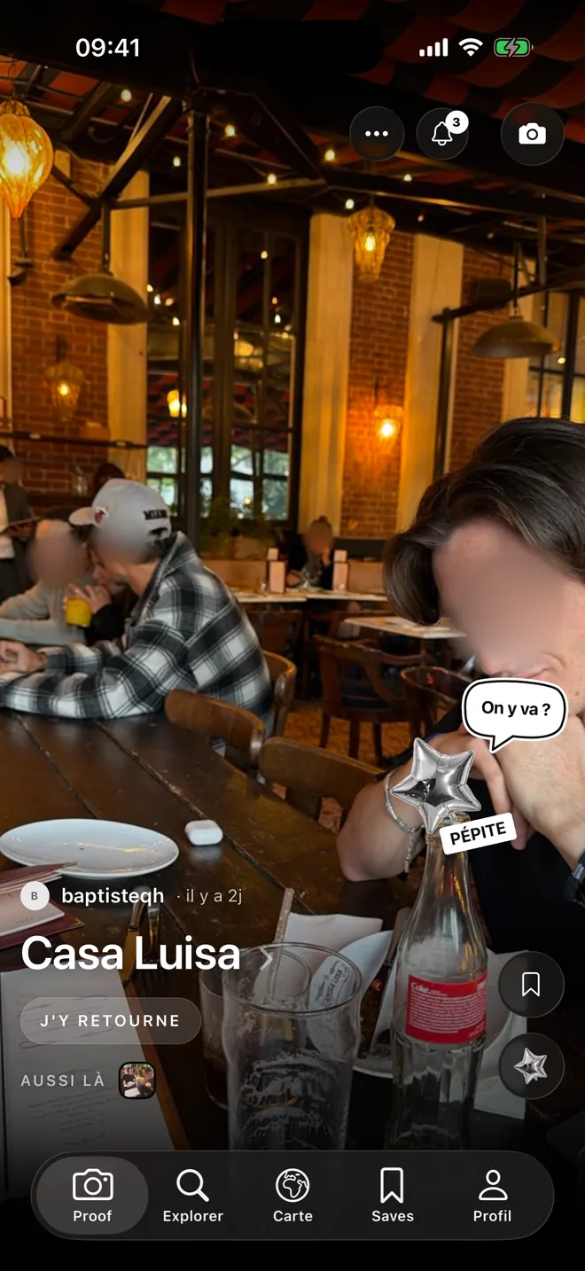 Un shot Proof pris sur place, avec le nom du lieu et le verdict J'y retourne
